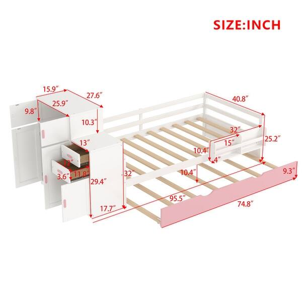 Pink Wood Platform Bed with Bookshelf,Trundle,Twin Size