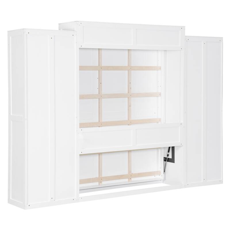 Full/Queen Size Murphy Bed with 2 Side Wardrobes, Storage Folding Bed Frame with Drawers, Built-in Table and Lights