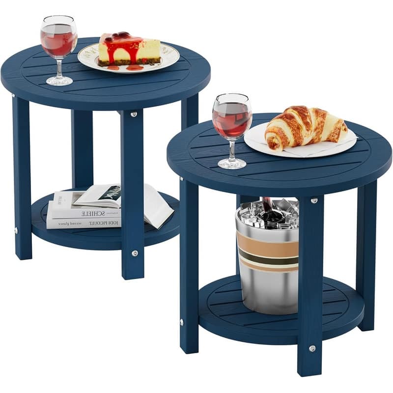 WINSOON Outdoor Side Table for Patio 16in HIPS Small Round Outdoor End Table - 2-Tier - Navyx2