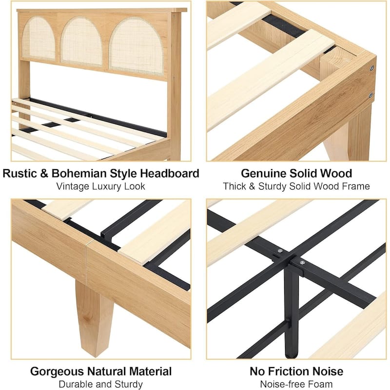 Bed Frame with Natural Rattan Headboard