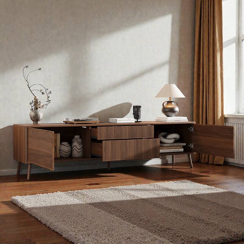 70" Fluted TV Stand for TVs Up to 80", Modern Entertainment Center with Storage Drawers, Cable Management & Soft-Close Hinges