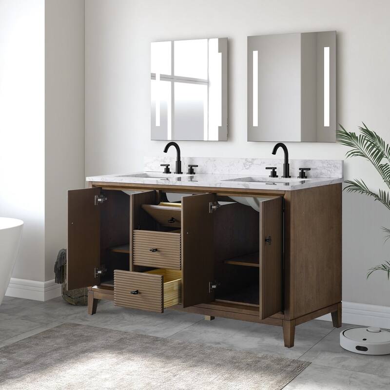 Vanity Art 60" Freestanding Bathroom Vanity with Engineered Marble Top and Sinks