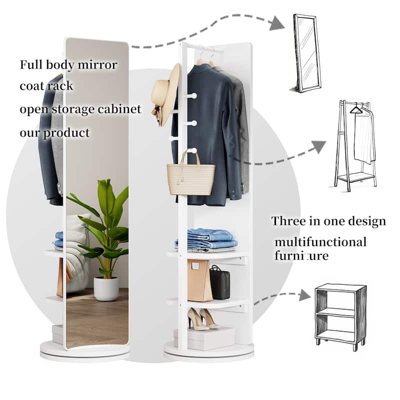 360 Rotating Multifunctional Full Length Mirror with Hook Storage Rack Coat Rack