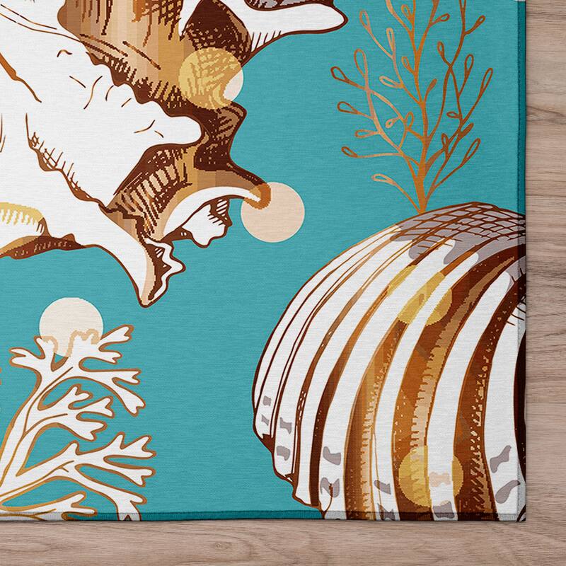 Indoor/ Outdoor Surfside Coral Shells Washable Rug New