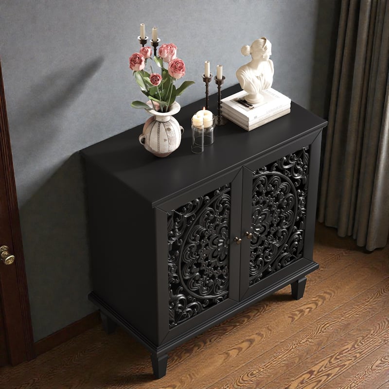 Vintage Hollow-Carved 2-Door Accent Cabinet with Floral Design, Adjustable Shelf and Solid Wood Legs, 31.5'' Sideboard
