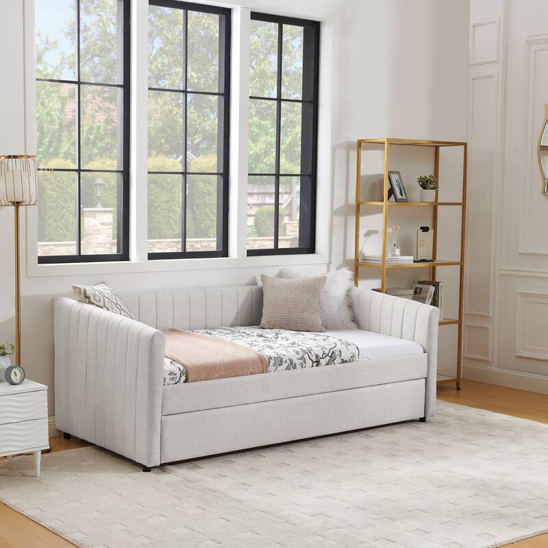 Twin/Full Size Daybed with Trundle, Upholstered Sofa Bed with Vertical Stripes, Linen Fabric, Comfortable Seating for Bedroom