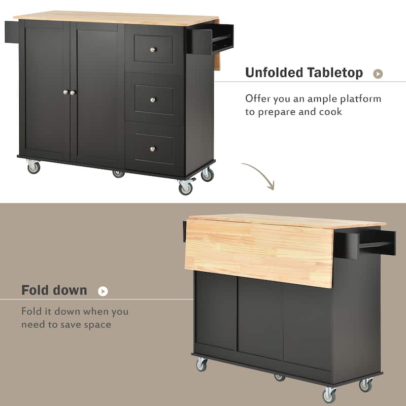 Kitchen Island Cart with Solid Wood Top, Drop Leaf Breakfast Bar, Mobile Kitchen Cart on Wheels with Towel Rack & Drawer