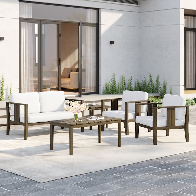 5-Piece Patio Furniture Solid Teak Outdoor Conversation Set - Beige - Naturalframe