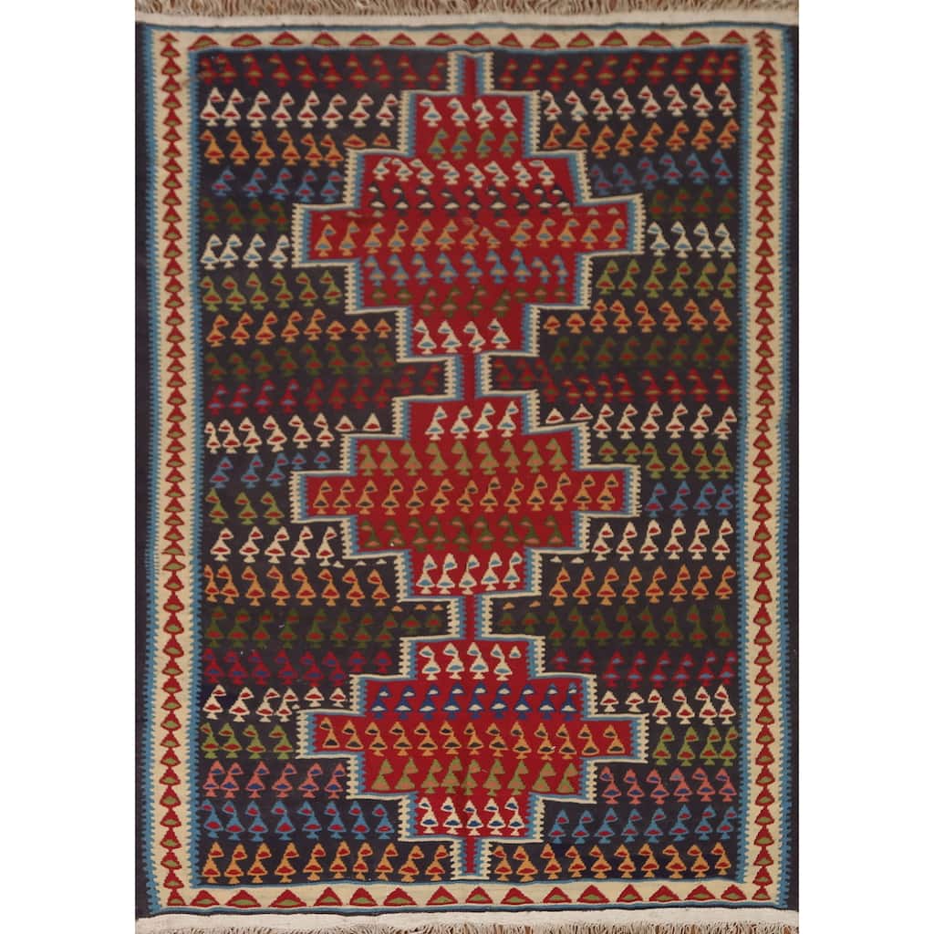 Hand Woven Oriental 100% Wool Carpet Traditional Tribal Multi-Colored Sanandaj Area Rug - 4' 9'' X 3' 7''