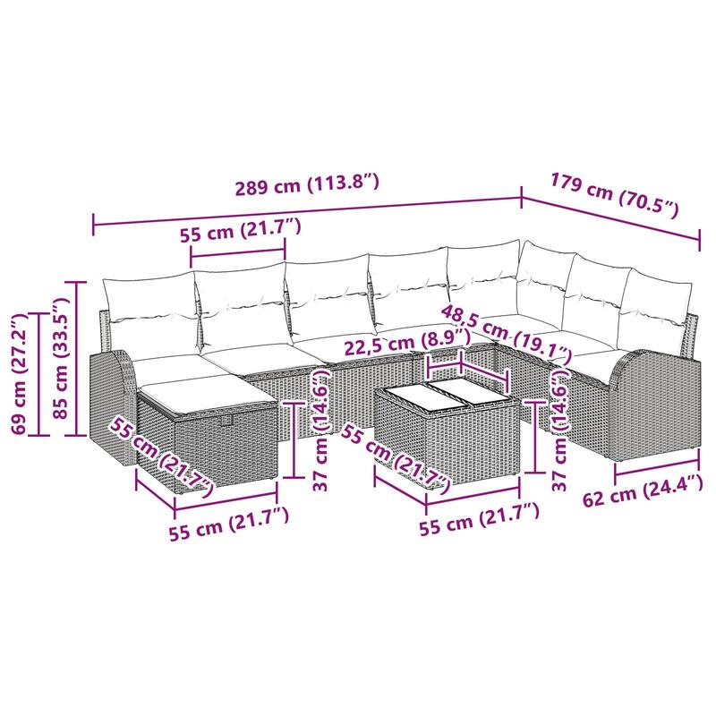 vidaXL 8/9 Garden Sofa Set with Cushions Black/Brown/Grey Poly Rattan - 113.8 x 70.5 x 27.2