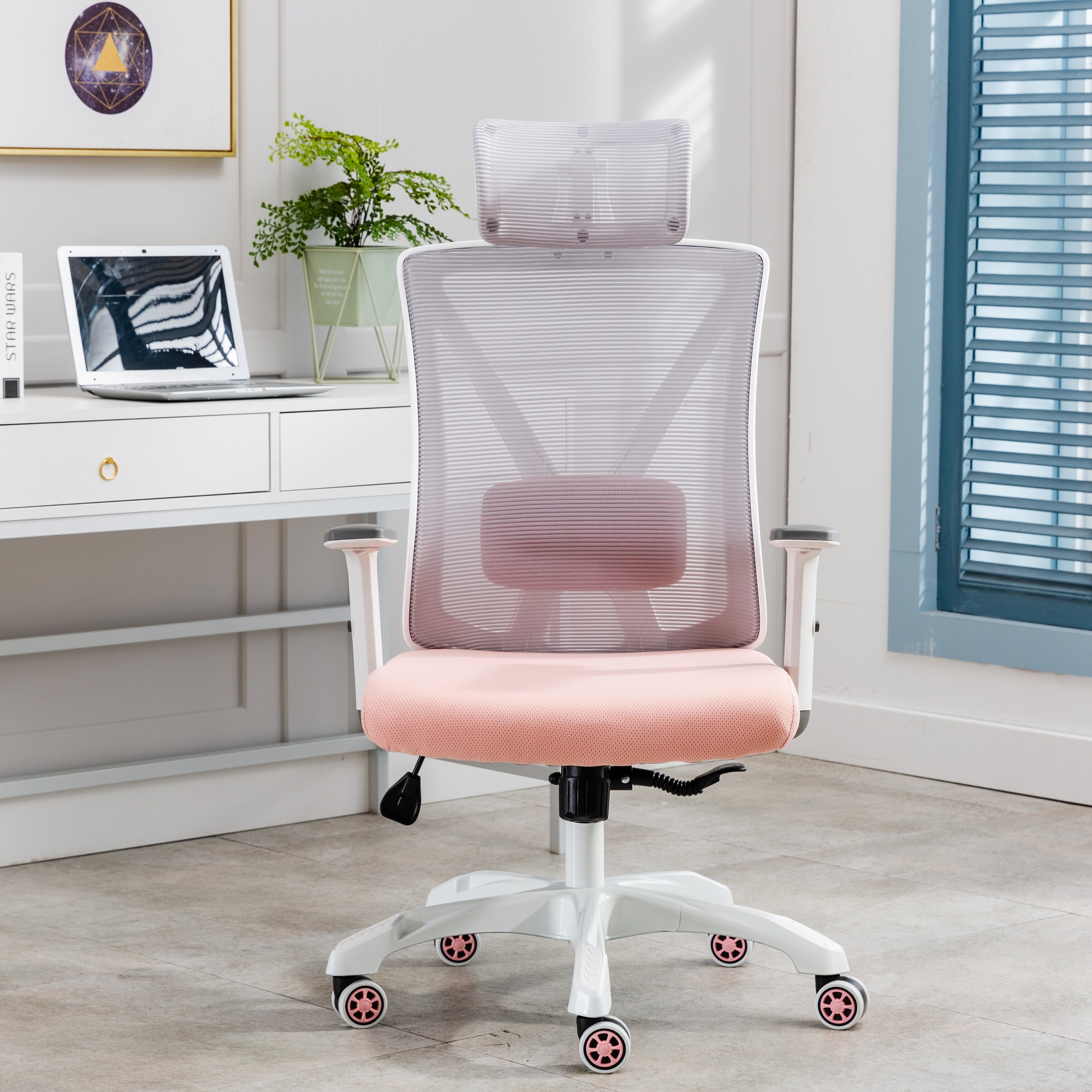 Clihome Pink and Gray Home Office Chair with Adjustable Lumbar Support - N/A