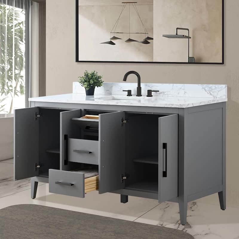 Vanity Art 60" Single Sink Bathroom Vanity Cabinet with Engineered Marble Countertop