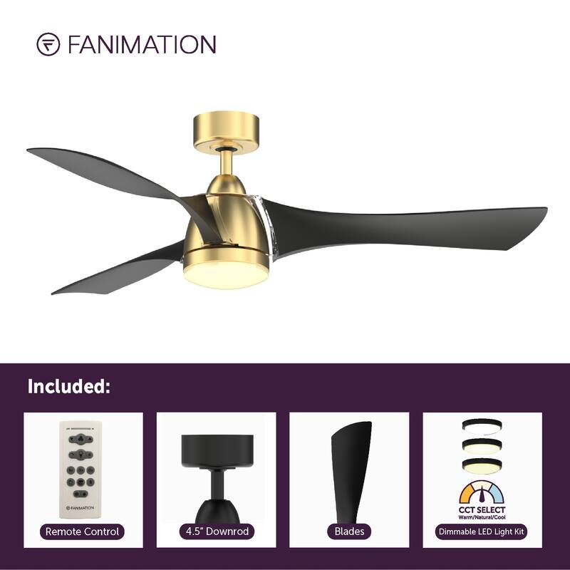 Fanimation Klear 56 inch Indoor/Outdoor Smart Ceiling Fan with LED CCT Select Light Kit and Remote - Brushed Satin Brass & Black