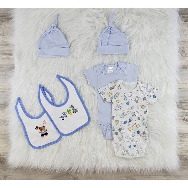 Set Of 6 Newborn Blue And White Animal Print Baby Onesies Bibs And Caps One Size Overstock 33410998