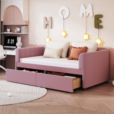 Twin Size Upholstered Daybed with Ergonomic Design Backrest and 2 Drawers