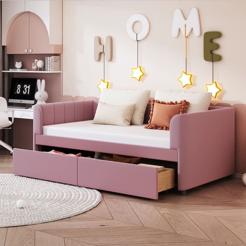 Velvet Upholstered Daybed with Stripe Shaped Backrest & 2 Armrests, Wood Panel Bed Frame with 2 Drawers or Trundle Bed