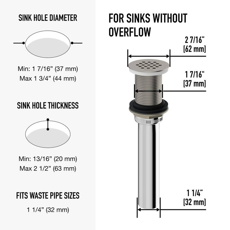 VIGO 1.75" W Vessel Bathroom Sink Grid Drain