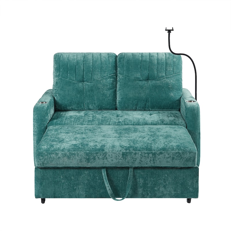 Multi-Functional Sleeper Sofa Pull-Out Loveseat with USB Charging, Sofa Bed with Adjustable Backrest and Storage Pockets