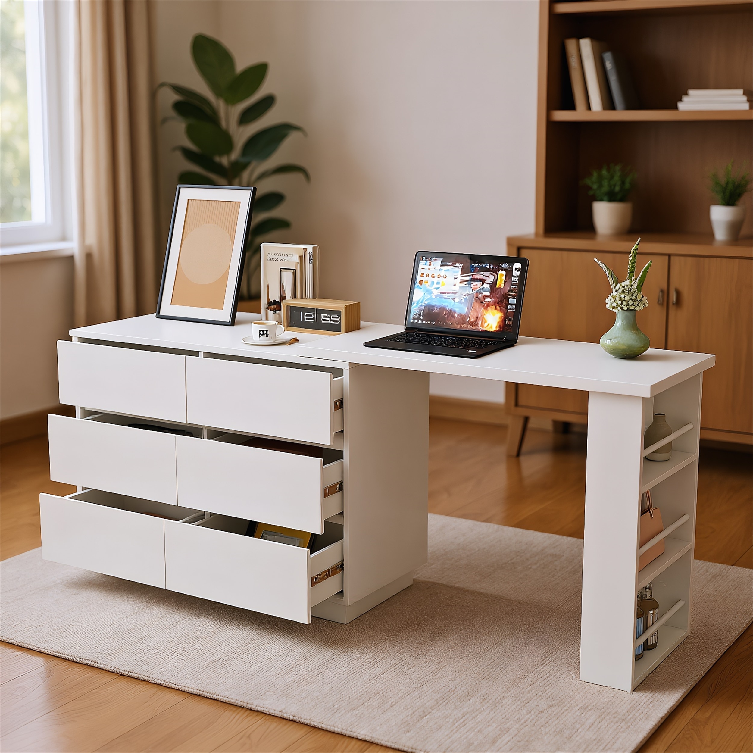 L-Shaped Corner Desk with 6 Drawers, Extendable and Adjustable Table