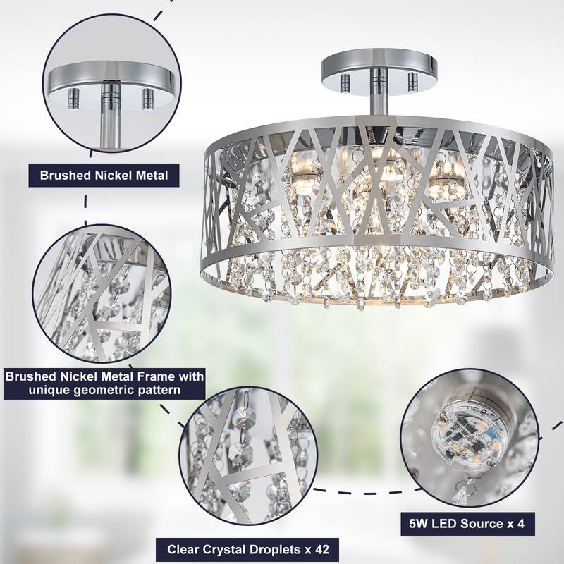 LED Semi-Flush Mount Ceiling Light Metal Carved Shade Crystal Accents - Dia.13.78-in