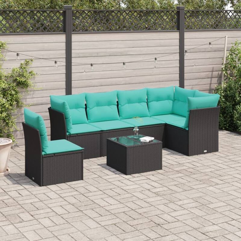 vidaXL 6 Piece Patio Sofa Set with Cushions Black Poly Rattan - 92.1x27.2x48.8-With table