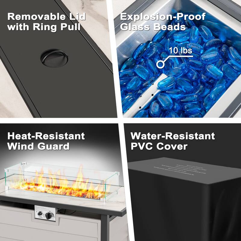 43'' Outdoor Propane Gas Fire Pit Table with Marble Texture Glass Tabletop, Ivory White