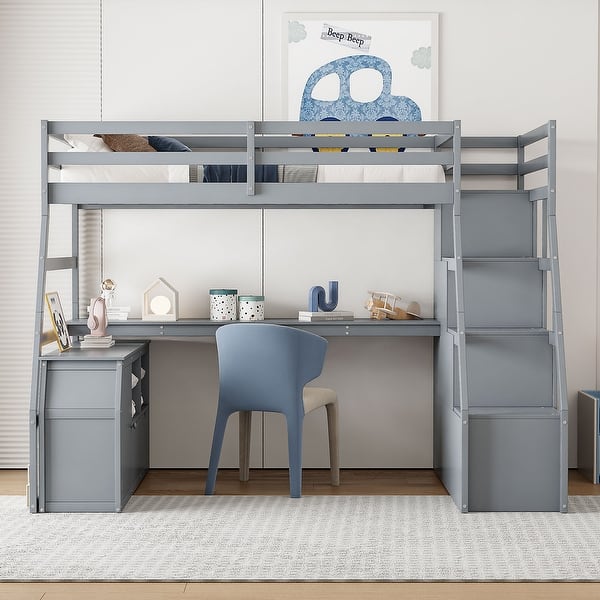 slide 1 of 1, Full Size Gray High Bed Frame with 7 Storage Drawers and 2 Shelves, Pine Wood Loft Bed with Desk, Handrail Stairs, Slat Support Gray - Full