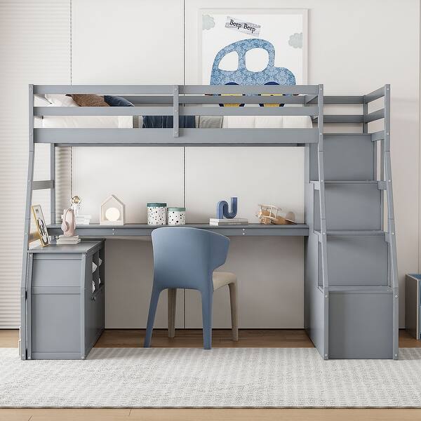 slide 2 of 46, Full Size Loft Bed Kids Bed with Drawers ,Shelves and Desk Grey
