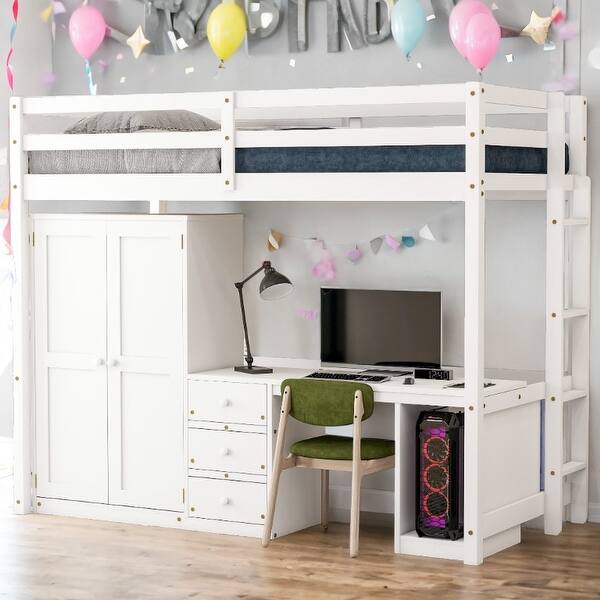 slide 2 of 35, Modern Desige Twin Size Loft Bed with Wardrobe,Desk and Storage Drawers White