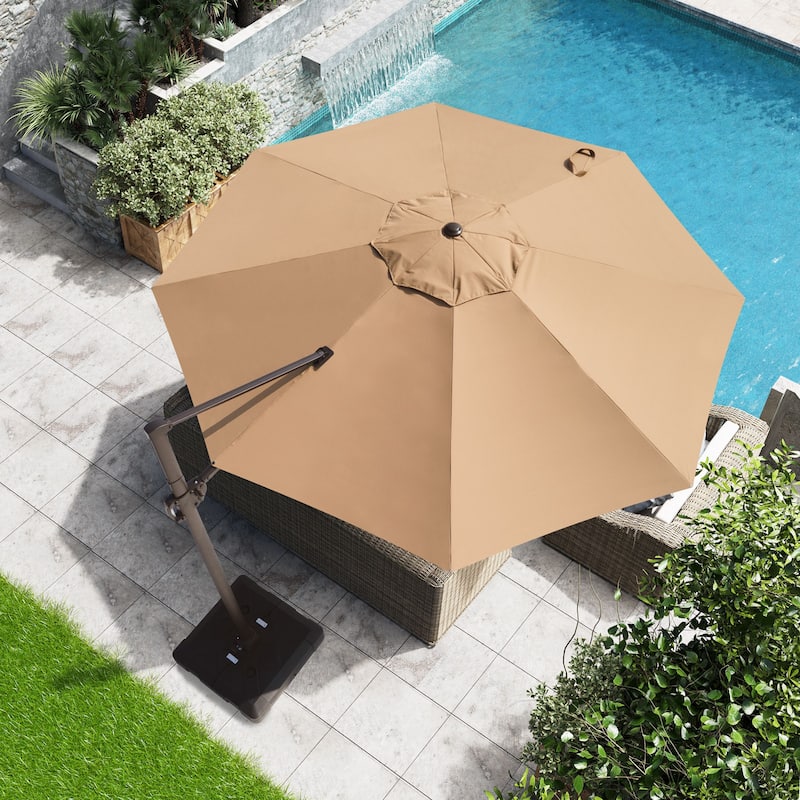 Outdoor 11.5FT Round Patio Hanging Offset Cantilever Umbrella with Cross Base - Tan
