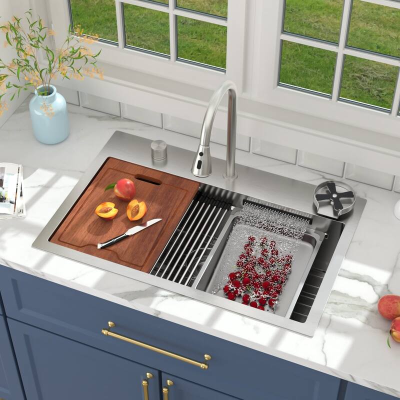 Lordear 31" Kitchen Sink Drop In Flying Rain Waterfall Stainless Steel Sink with Cup Washer and Pull Out Faucet