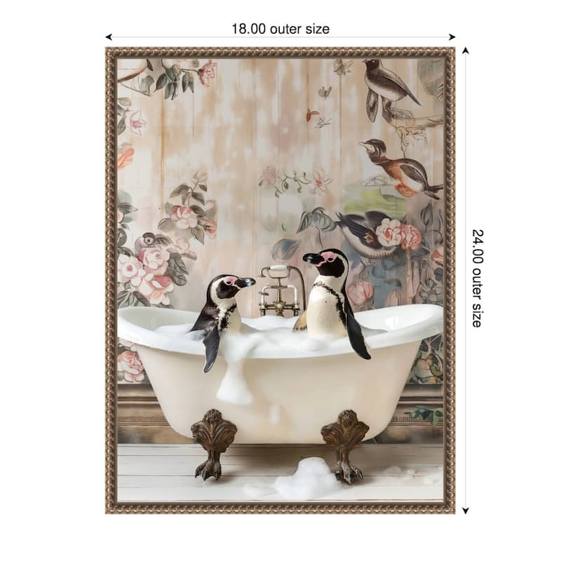 Penguin Pals in a Bubble Bath by Niky Rahner Framed Canvas Wall Art - 18 x 24 in
