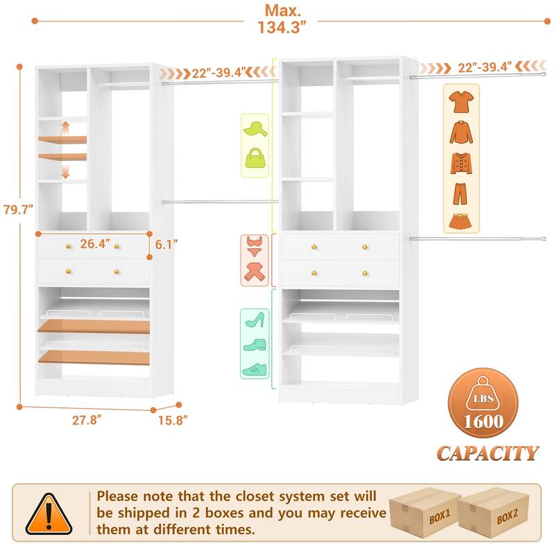 Set of 2 Closet System with 6 Hanging Rods and 4 Drawers, Adjustable Closet System with Shelves and Shoe Rack