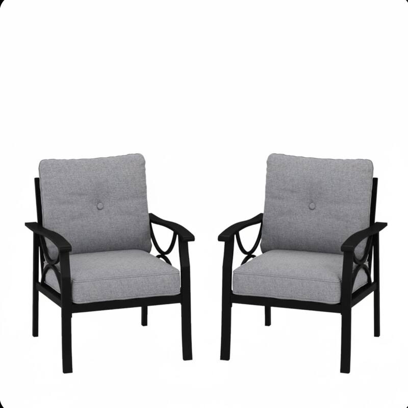 Set of 2 Metal Armchairs, Black Frame with Gray Cushions
