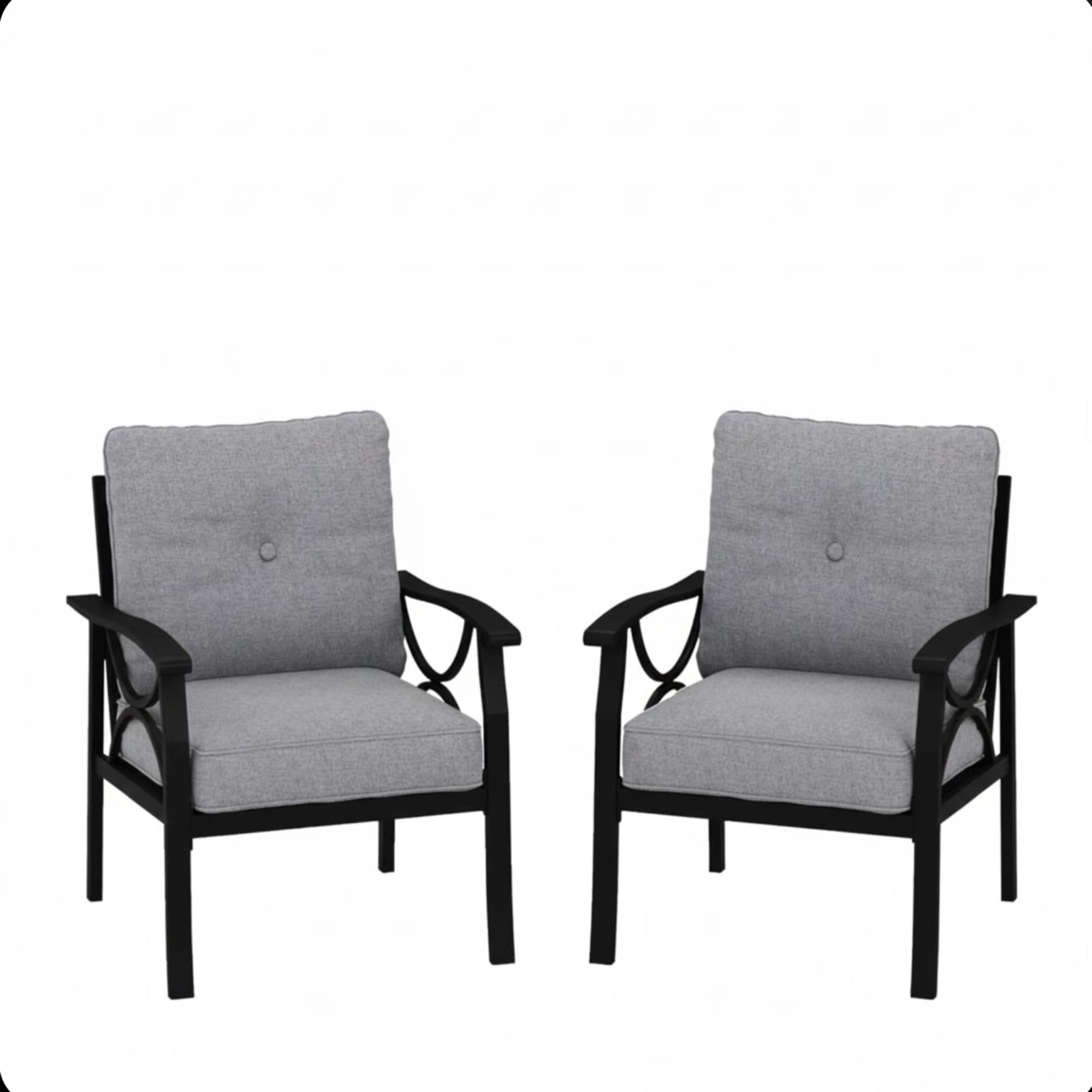 Set of 2 Metal Armchairs, Black Frame with Gray Cushions - Bed