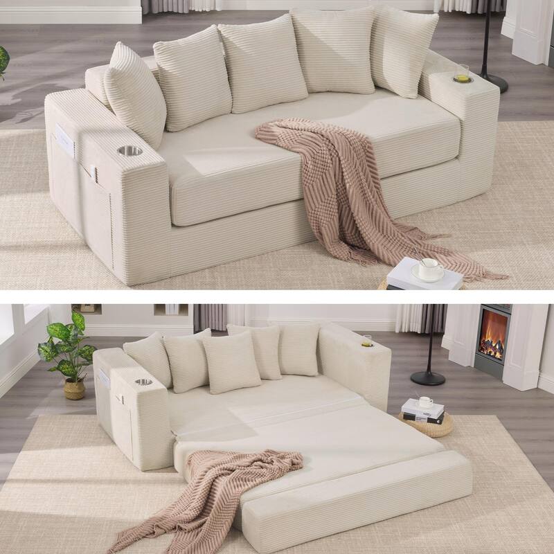 2-in-1 Convertible Sleeper Sofa, Floor Folding Couch, Sofa Bed with Side Pocket, Pull Out Loveseat with Cup Holders