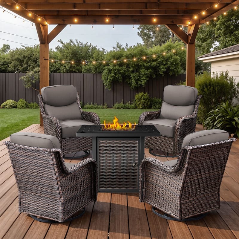 Arcadia 5-Piece Wicker Patio Set with 4 Swivel Glider Chairs and Square All-Iron Fire Pit - Gray Cushions - Brown Wicker