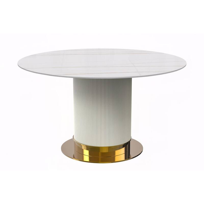 Jexis Round Dining Table with Glass/Sintered Stone Tableop - 60" Wide - White/Gold