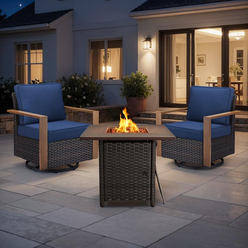 Meyreso 3-Piece Wicker Swivel Glider Fire Pit Set with Plush 4.5" Olefin Cushions
