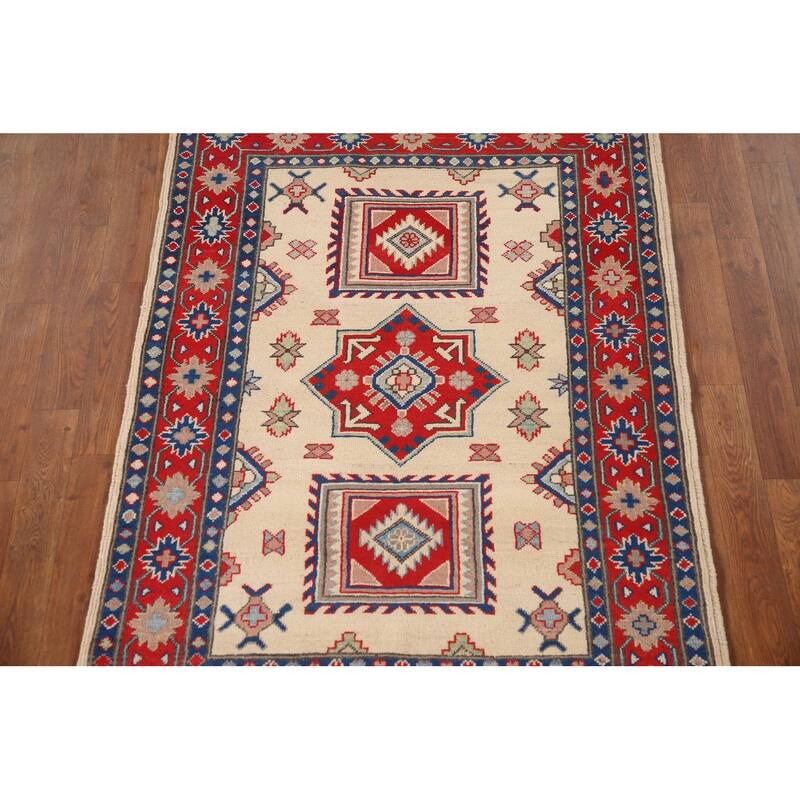 Ivory Kazak Oriental Accent Rug Hand-Knotted Foyer Wool Carpet - 3'4"x 4'9"