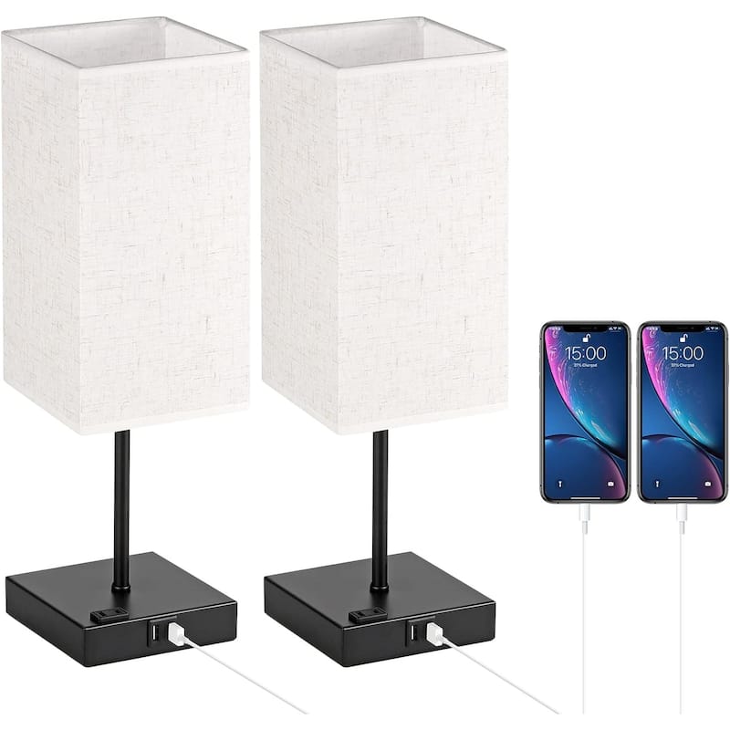 Set of 2 Bedside Table Lamp with 2 USB Charging Ports &1 AC Outlet - Linen