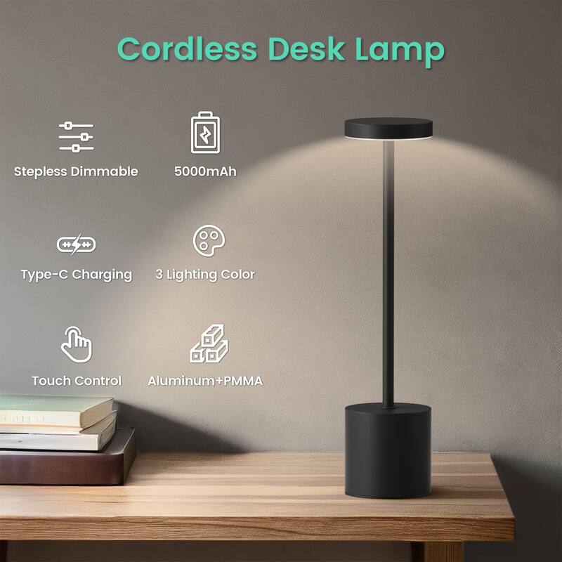 13in Cordless Table Lamp Rechargeable Battery Operated LED Desk Lamp - N/A