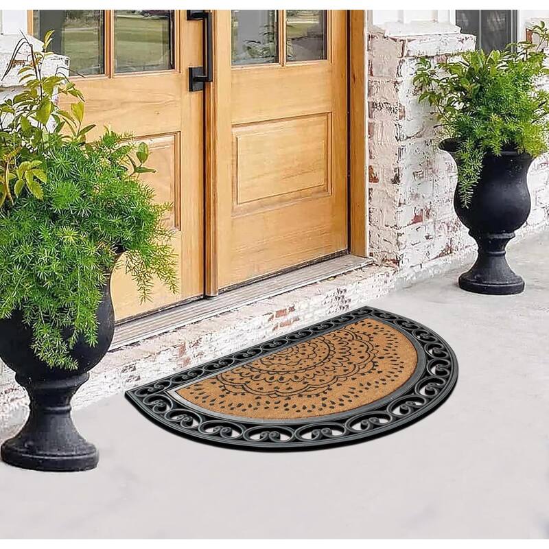A1HC Floral Design Half Round Rubber and Coir Large Outdoor Entrance Durable Doormat 30"X48"