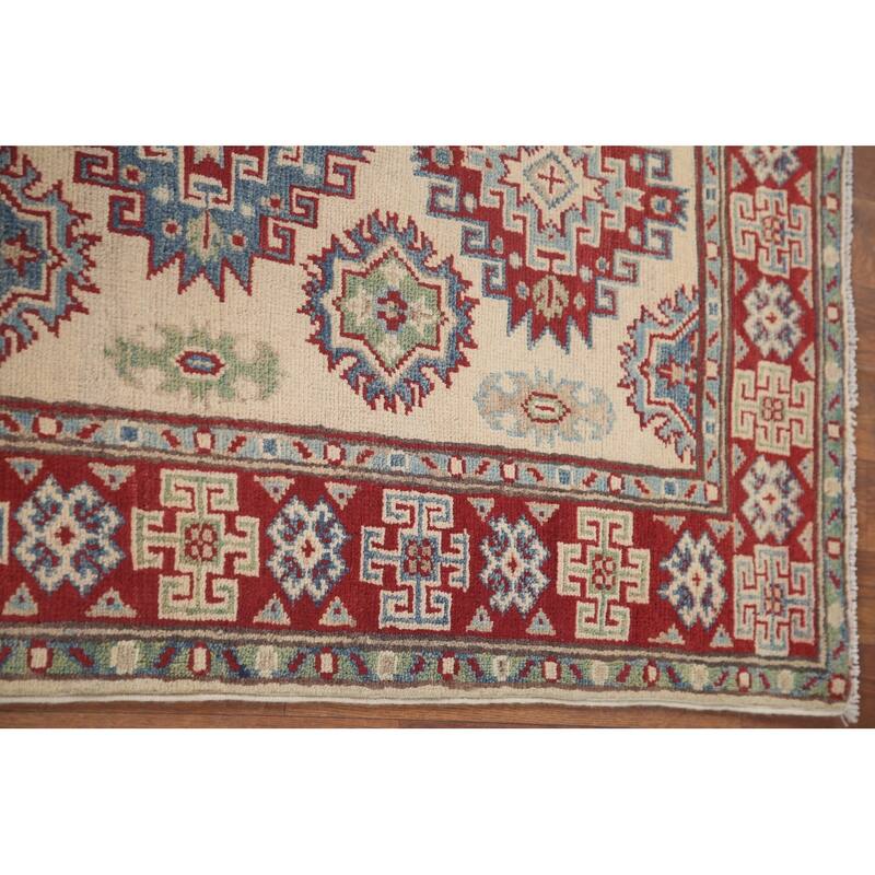 Hand Knotted Oriental 100% Wool Carpet Traditional Geometric Beige & Ivories Kazak Runner Rug - 8' 5'' X 2' 9''