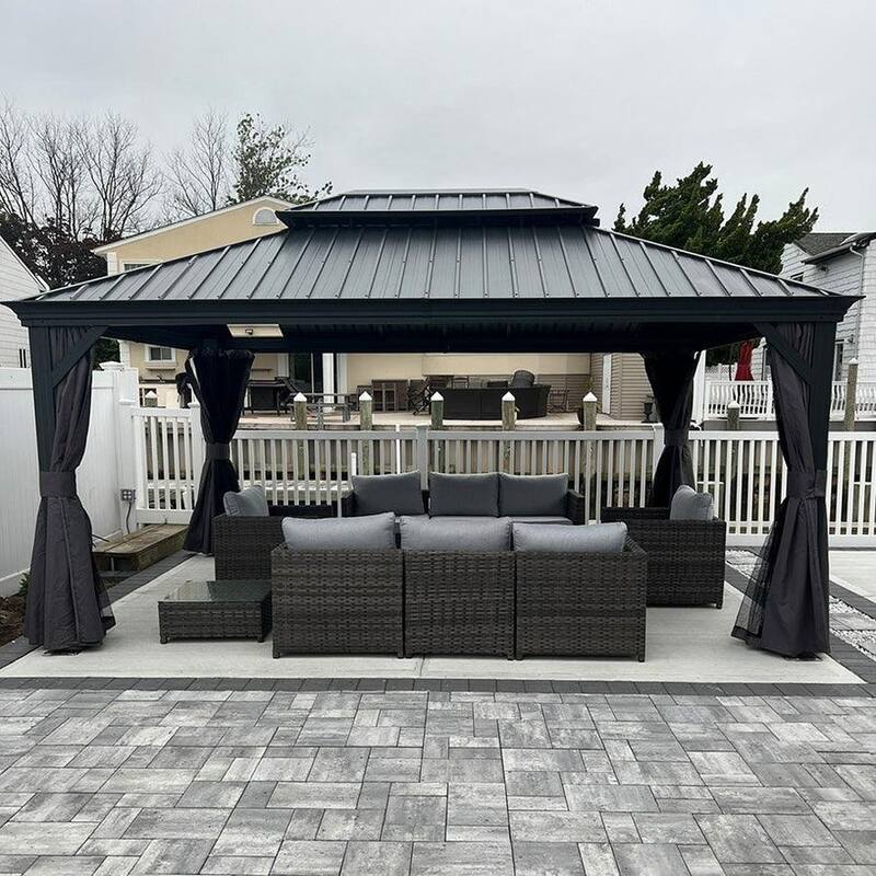 PURPLE LEAF Outdoor Galvanized Steel Hardtop Gazebo, Aluminum Frame Gazebo With Curtains - 12ft x 16ft