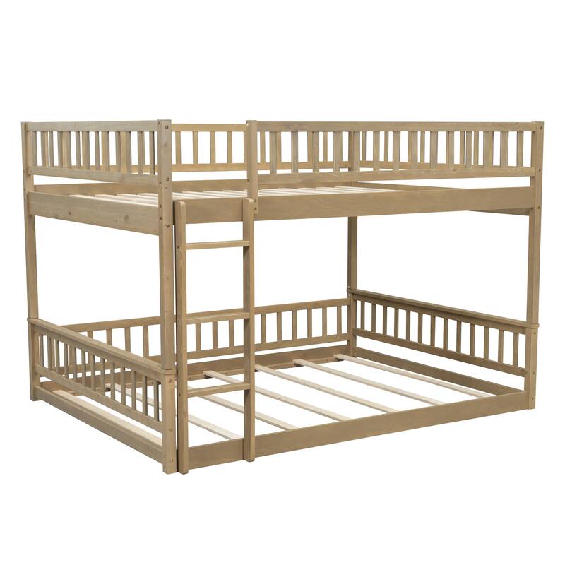 Bunk Bed Frame with Ladder and Guardrails, Detachable Design Wooden Bunk Bedframe into 2 Separate Platform Beds
