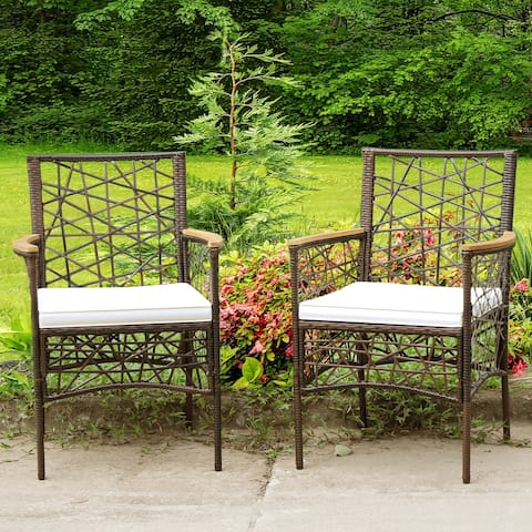 Costway 2pcs PE Wicker Patio Bistro Chairs Acacia Wood Armrests w/ - See Details