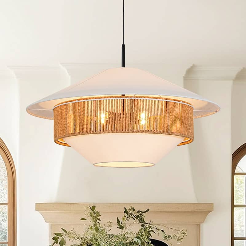 Coastal-style 4-Light Hemp-rope Geometric Linen Fabric Pendant - 33.5 in