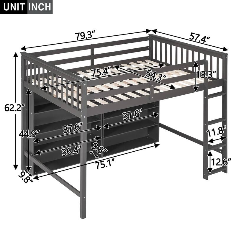 Twin or Full Size Loft Bed with 8 Shelf