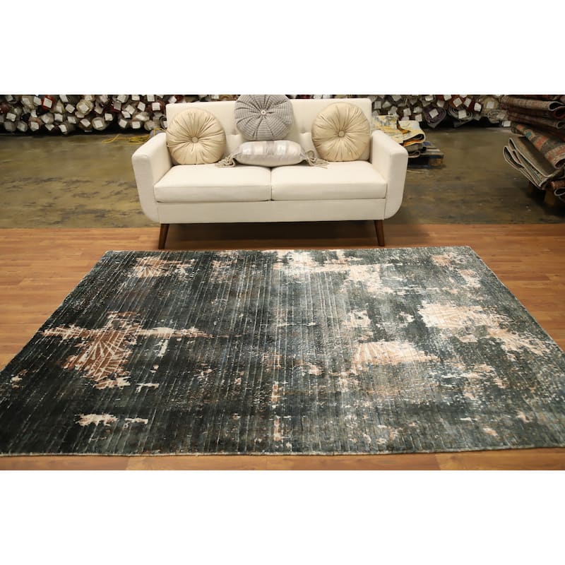 Hand Knotted Oriental Viscose Silk Carpet Modern Abstract Greys & Charcoal Abstract Area Rug - 7' 8'' X 5' 7''
